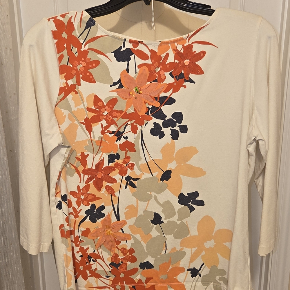 Ruby Rd. Floral 3/4 Sleeve Top - Cream, Orange, and Navy